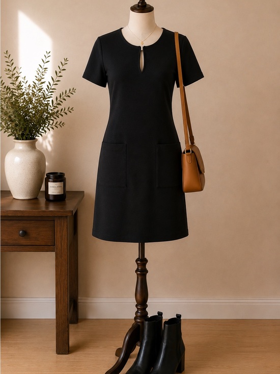 Abercrombie & Fitch Dresses & Skirts - Abercrombie & Fitch Black Shift Dress Keyhole Neck Short Sleeve Pockets Size M
